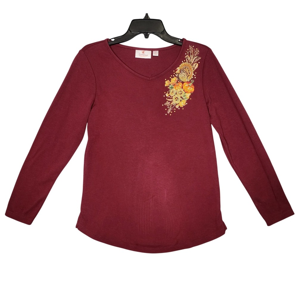 Quacker Factory Cotton Top Burgundy Thanksgiving Turkey Embroidery XS Holiday